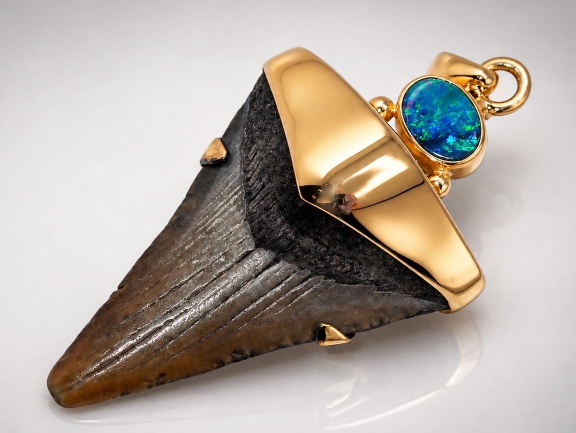 Fossil Shark Tooth Pendant – Megalodon Tooth with 24 K Gold Over Sterling Silver Fossil Shark Tooth Pendant – Megalodon Tooth with 24 K Gold Over Sterling Silver
