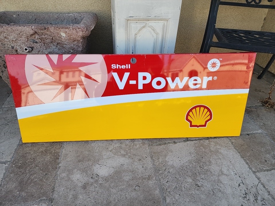 Shell V-Power Gas & Oil Sign Panel Red Yellow White 42”w x 16”h Shell V-Power Gas & Oil Sign Panel Red Yellow White 42”w x 16”h