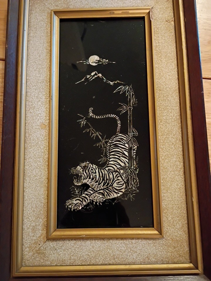 Vintage Korean Mother of Pearl Art Tiger Moon Mountain Lacquer Wall Decor Framed