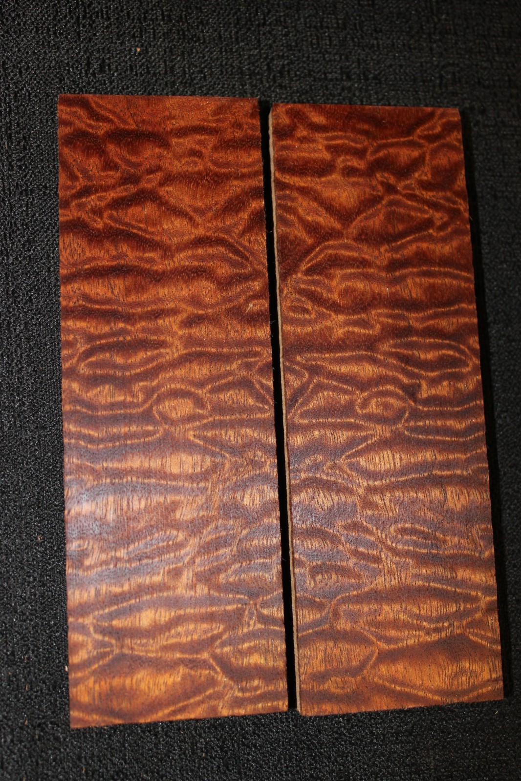 Quilted pomelle sapele knife scale, gun grip. 6 X 2 X 0.38" tight strong figure Quilted pomelle sapele knife scale, gun grip. 6 X 2 X 0.38" tight strong figure