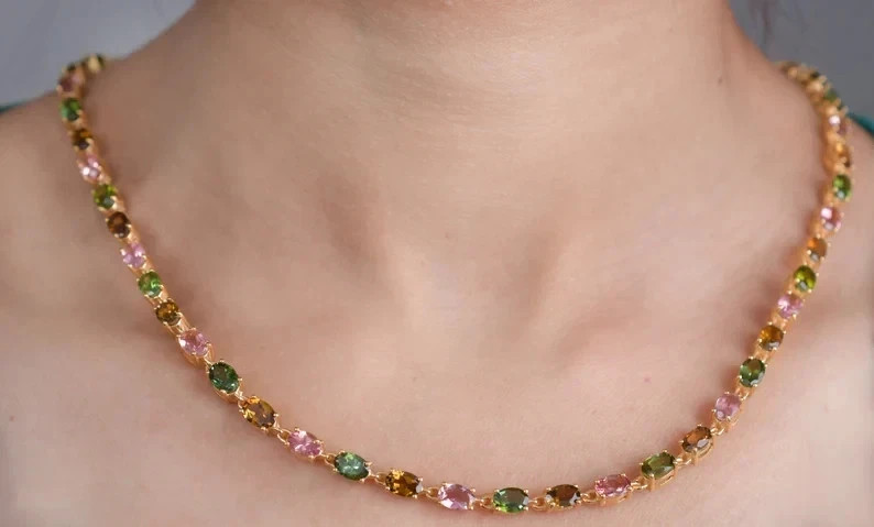 34.7Ct Rainbow Multi Tourmaline Women Chain Tennis Necklace 18K Yellow Gold Over 34.7Ct Rainbow Multi Tourmaline Women Chain Tennis Necklace 18K Yellow Gold Over
