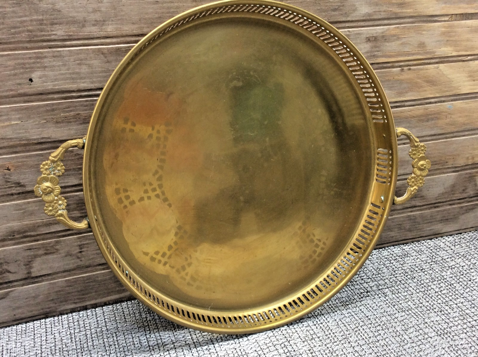 Vintage MCM Round Brass Reticulated Tray Ornate Handles 13" Decor Vintage MCM Round Brass Reticulated Tray Ornate Handles 13" Decor