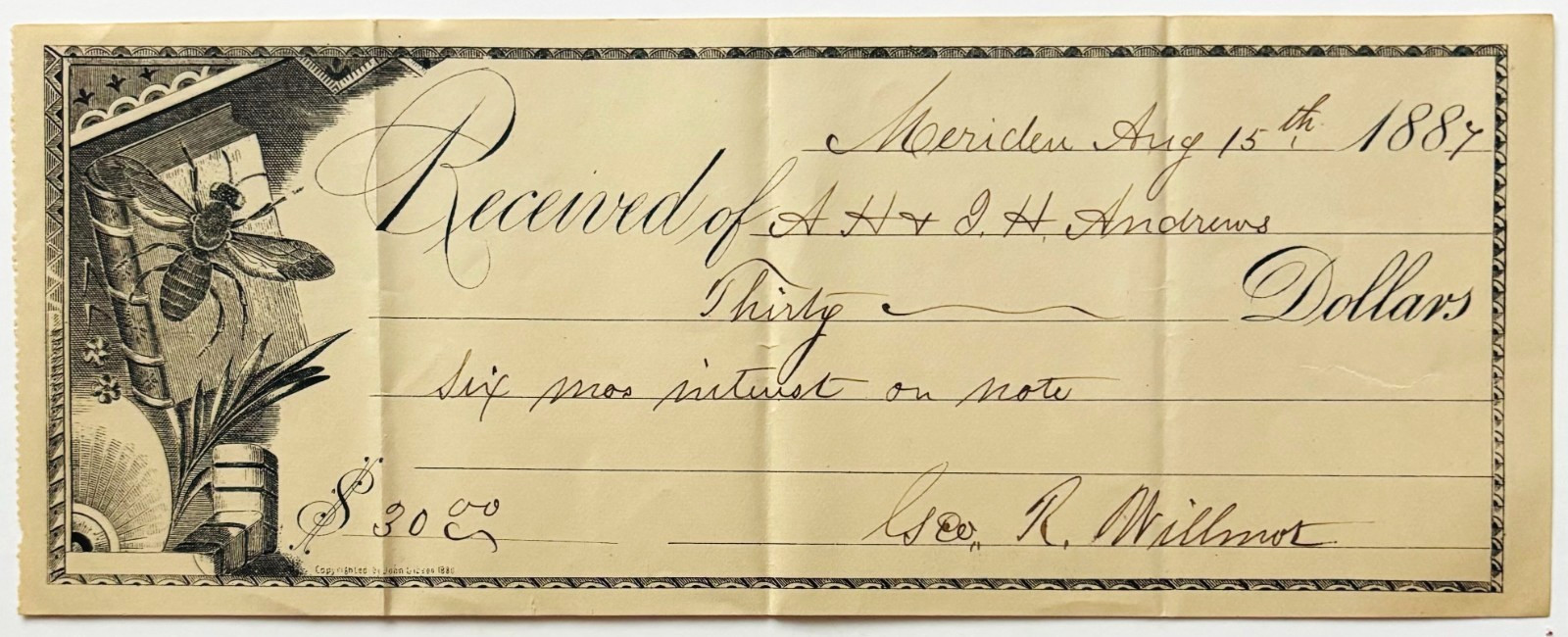 1887 Meriden Connecticut Bank Check Victorian Bee Wood Engraving Promissory A12 1887 Meriden Connecticut Bank Check Victorian Bee Wood Engraving Promissory A12