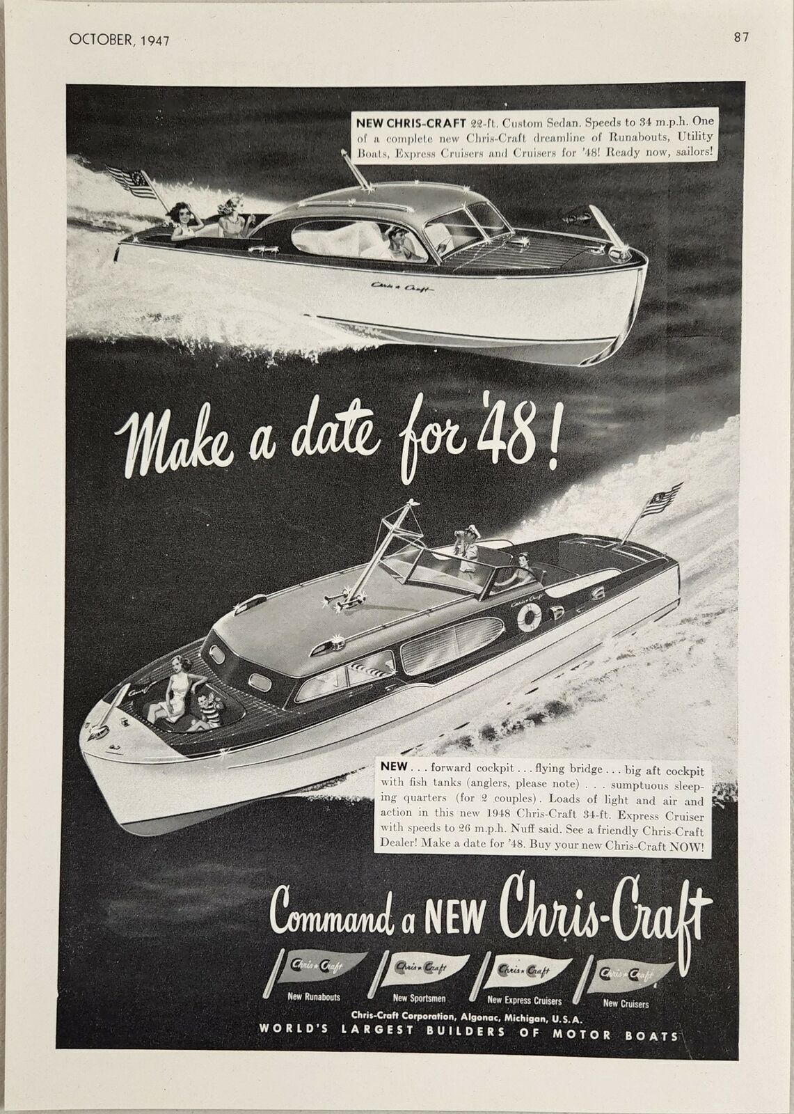 1947 Print Ad Chris-Craft 22' Custom Sedan & 34' Express Algonac,Michigan 1947 Print Ad Chris-Craft 22' Custom Sedan & 34' Express Algonac,Michigan