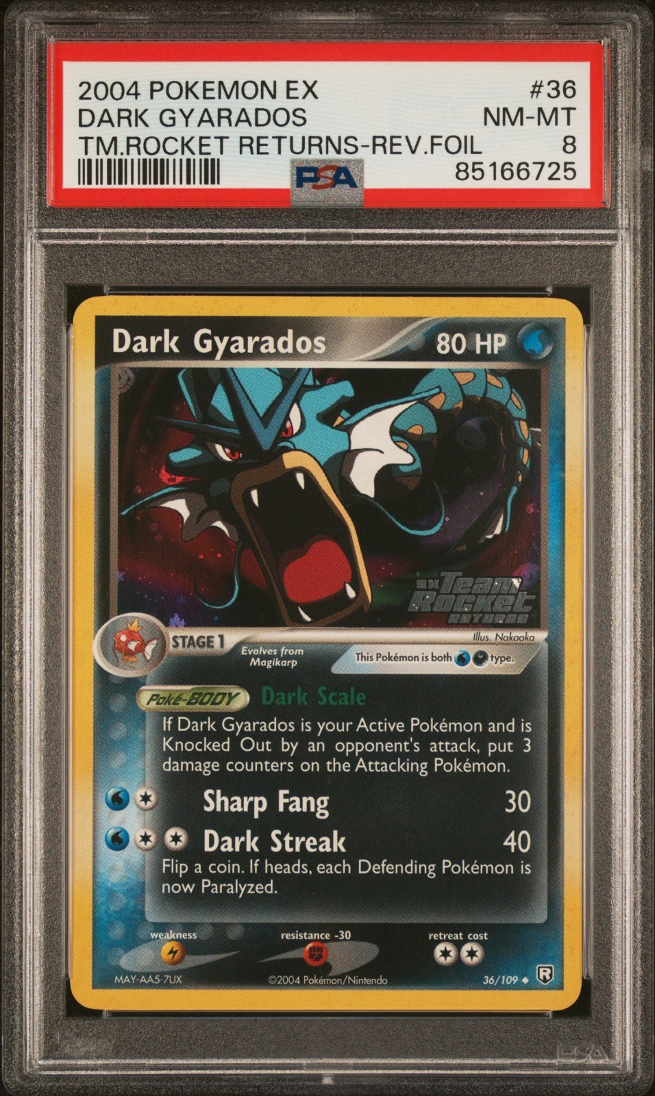 2004 Pokemon Ex Team Rocket Returns #36 Dark Gyarados Reverse Holo PSA 8 2004 Pokemon Ex Team Rocket Returns #36 Dark Gyarados Reverse Holo PSA 8