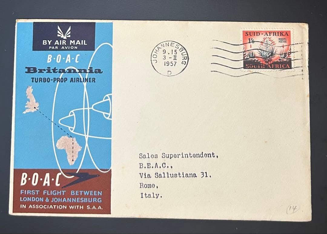 BOAC First Flight Cover London-Johannesburg 1957 with South Africa Stamp BOAC First Flight Cover London-Johannesburg 1957 with South Africa Stamp