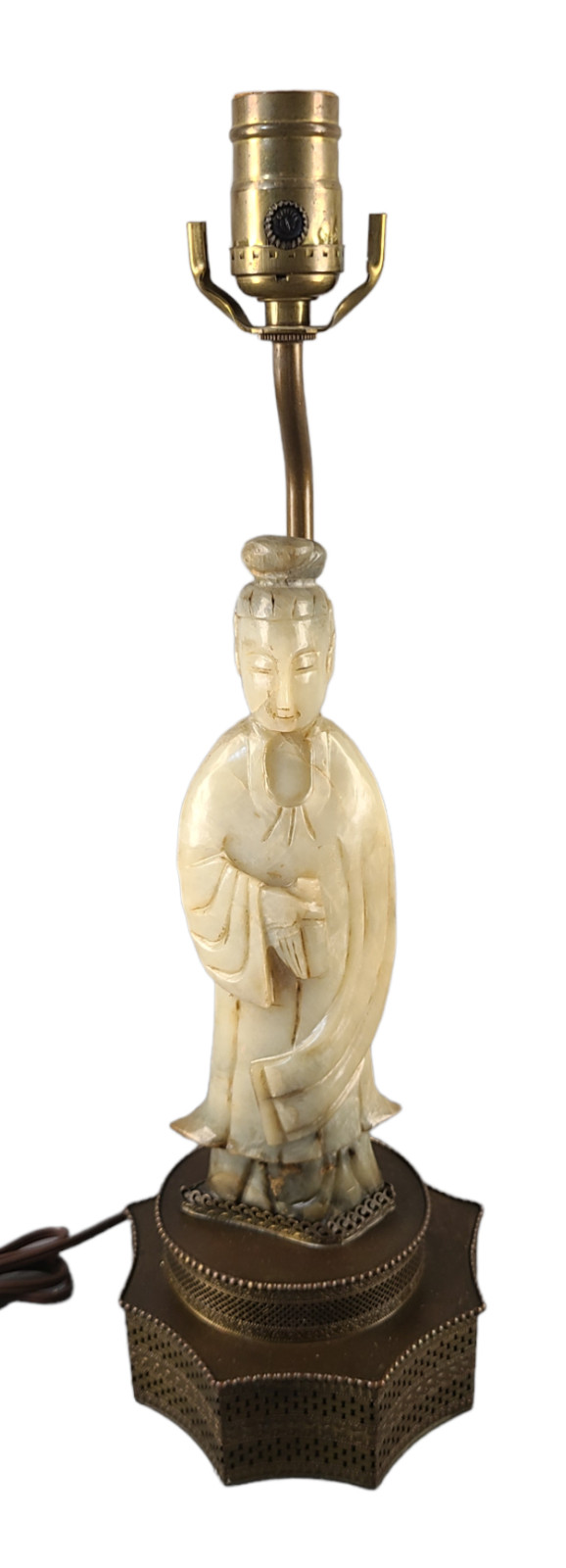Antique Early 20th Century Chinese Soapstone Figurine Lamp Ornate Brass Base Antique Early 20th Century Chinese Soapstone Figurine Lamp Ornate Brass Base