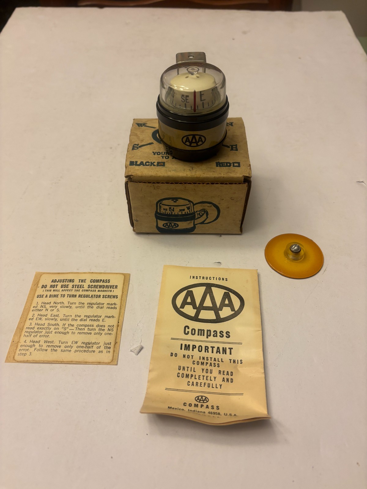 NOS Vintage Black AAA Dash Mount Compass with Box, Instructions, Bracket NOS Vintage Black AAA Dash Mount Compass with Box, Instructions, Bracket