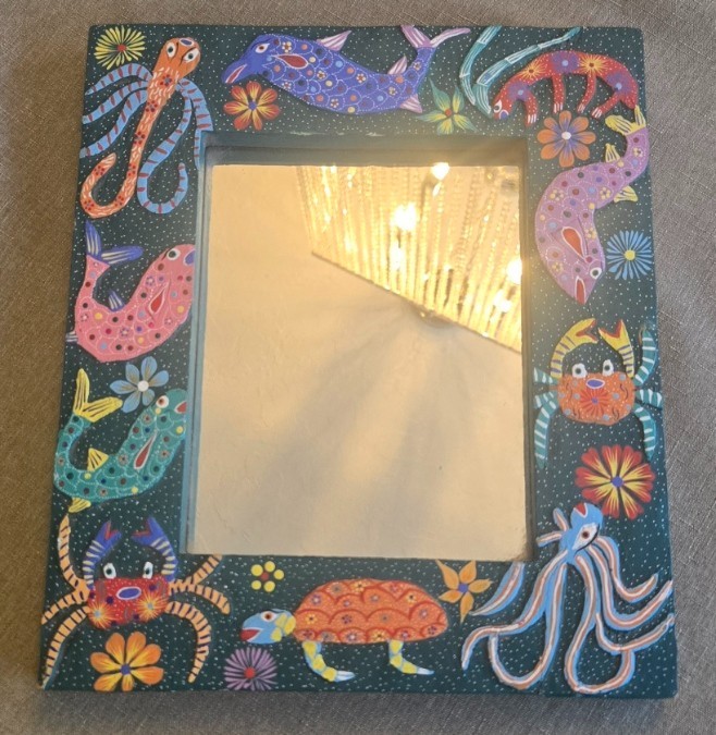 hand painted Mexican folk art mirror frame signed by Joaquin Hernandez Vasquez hand painted Mexican folk art mirror frame signed by Joaquin Hernandez Vasquez