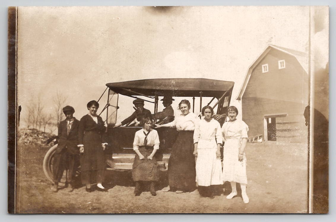 RPPC Langdon ND Family Posing With Touring Car On Farm With Barn Postcard J43