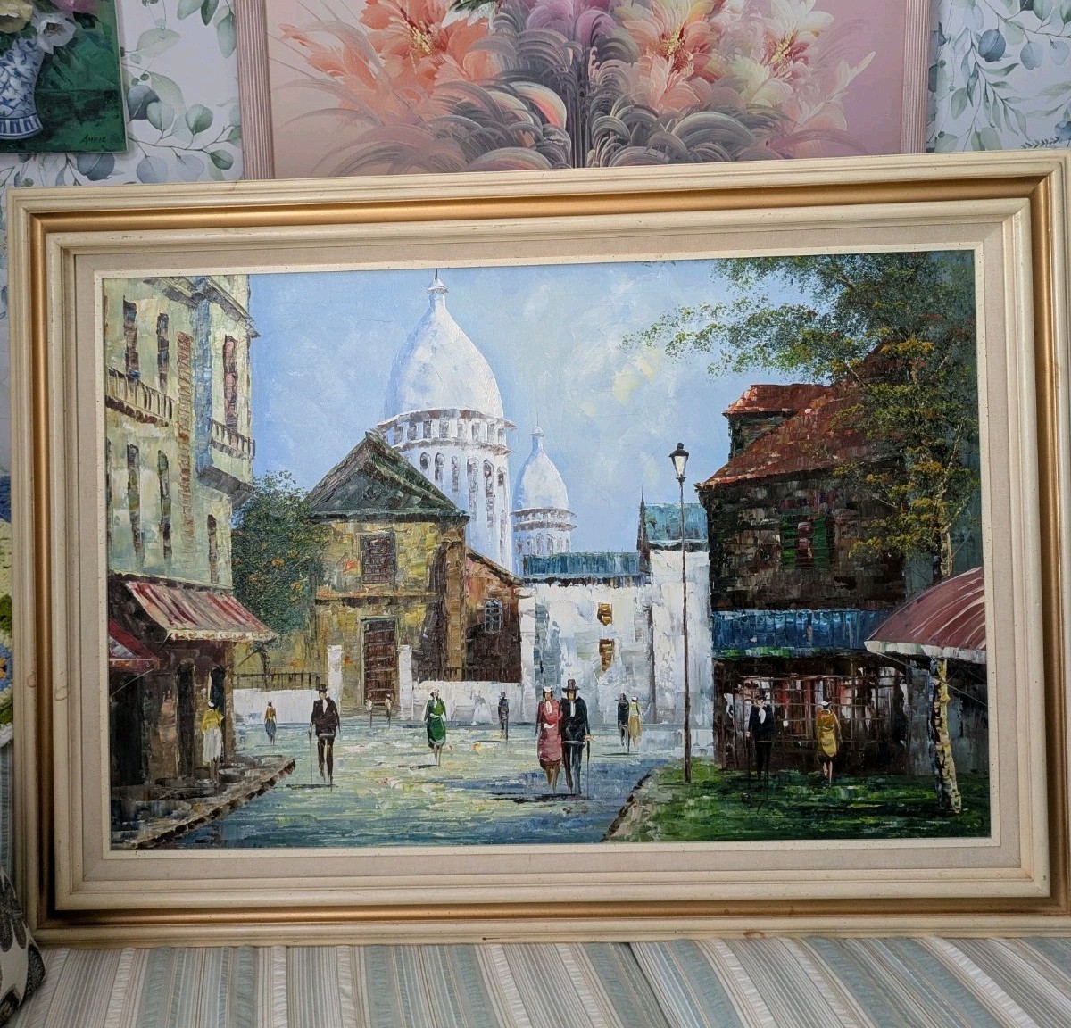 Vintage Original Parisian street scene Sacré-Cœur Basilica Oil Painting 30 X 42