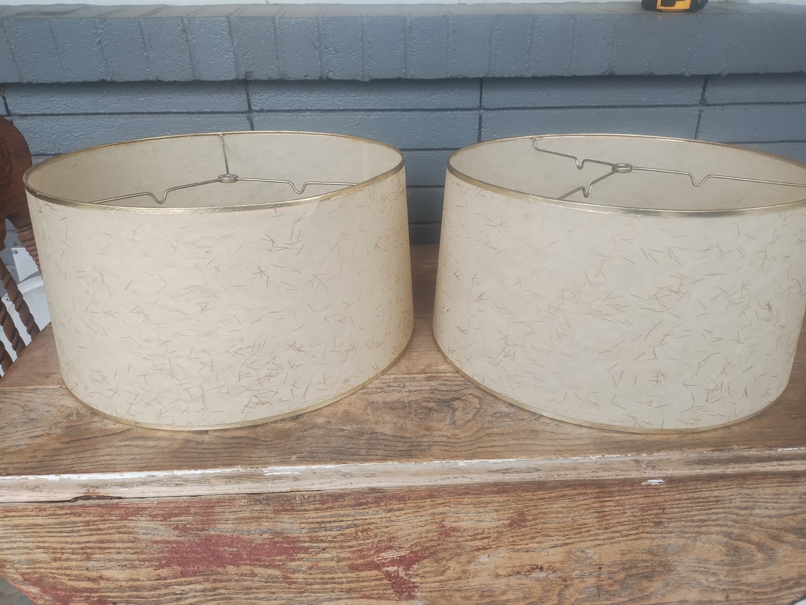 mcm fiberglass lamp shade vintage pair 2 matching 17 inch drum shades printed