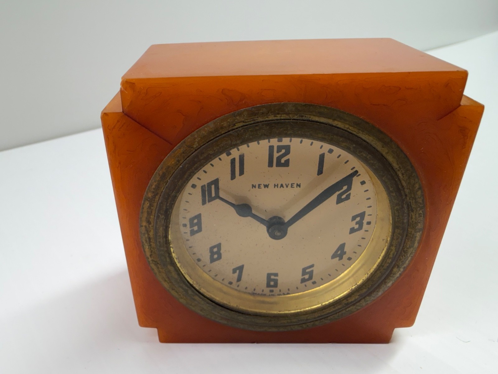 Rare bakelite catalin New Haven clock. Great example. Has cracks . Rare bakelite catalin New Haven clock. Great example. Has cracks .