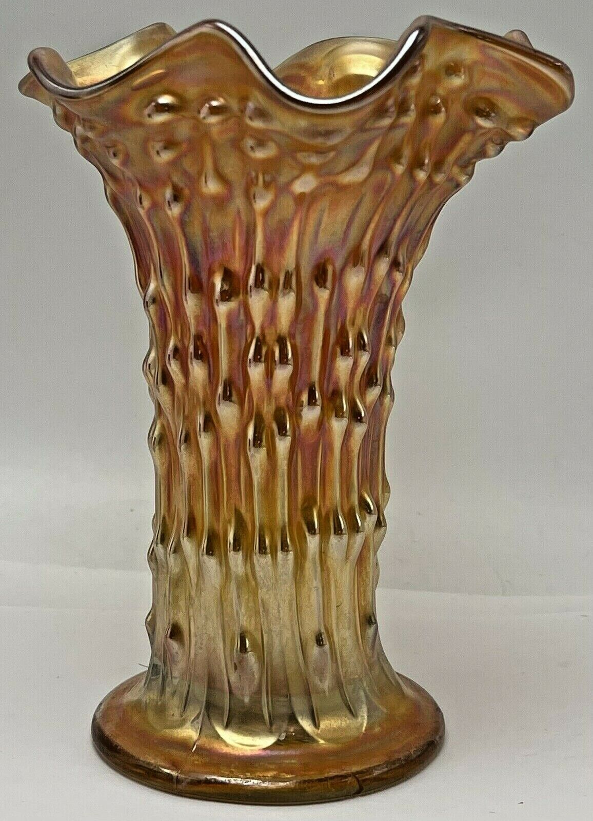Vintage Fenton April Showers Marigold Carnival Iridescent Glass Vase Ruffled Rim