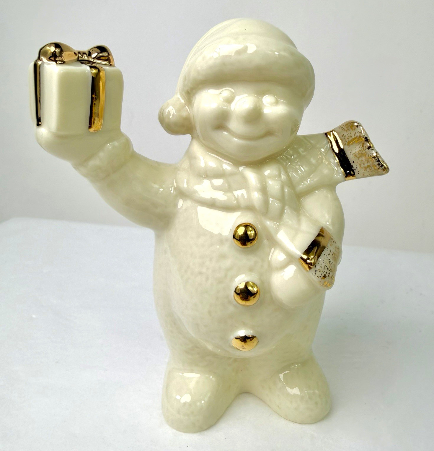 Lenox Snowman Figurine Holding Christmas Gift Ivory Gold 4.5” Lenox Snowman Figurine Holding Christmas Gift Ivory Gold 4.5”