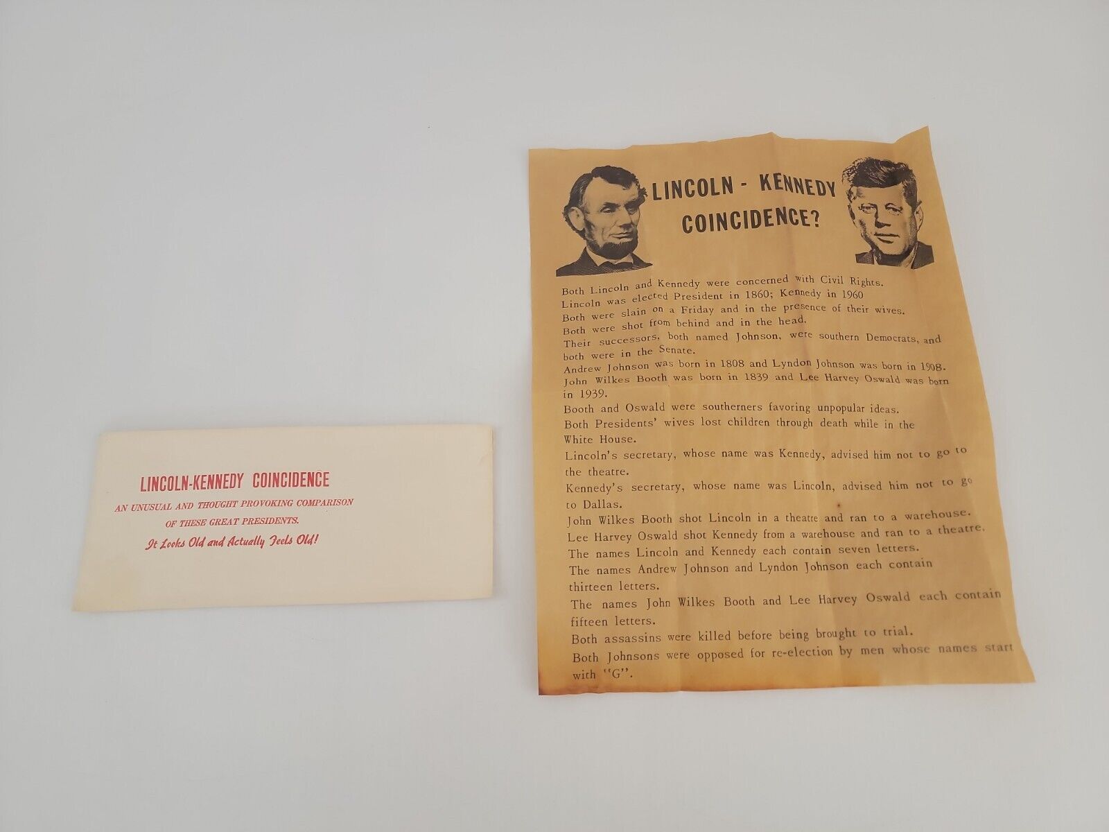 VINTAGE LINCOLN - KENNEDY COINCIDENCE IN THERE LIVES ANTIQUE LOOK LETTER