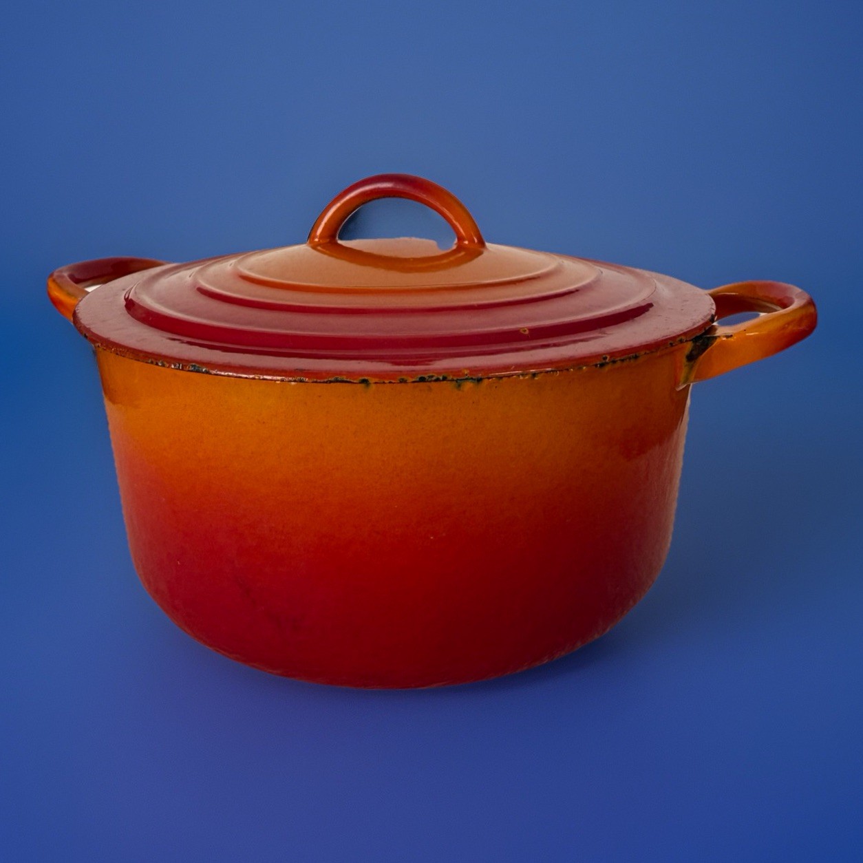 VINTAGE LE CREUSET #B CAST IRON/ENAMEL DUTCH OVEN/LID 2 1/2 QT-Flame Orange-USED VINTAGE LE CREUSET #B CAST IRON/ENAMEL DUTCH OVEN/LID 2 1/2 QT-Flame Orange-USED