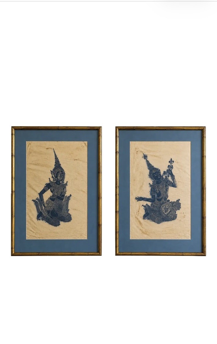 Vintage Framed Thai Temple Rubbing Art Pair Blue Ink Figural Wall Decor Vintage Framed Thai Temple Rubbing Art Pair Blue Ink Figural Wall Decor