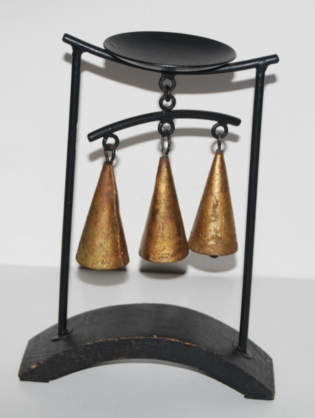 Vintage Mid Century Modern Bell Candle Holder 9" Brass Chime Stand Wood Base