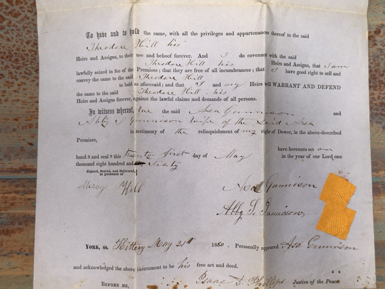 1850 Antique Warranty Deed: Asa Gunnison to Theodore Hill - Kittery Maine Marsh 1850 Antique Warranty Deed: Asa Gunnison to Theodore Hill - Kittery Maine Marsh