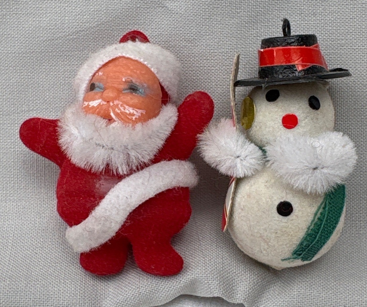 Flocked Santa & Snowman Christmas Ornaments Festive Décor 1960s Holiday Vintage Flocked Santa & Snowman Christmas Ornaments Festive Décor 1960s Holiday Vintage