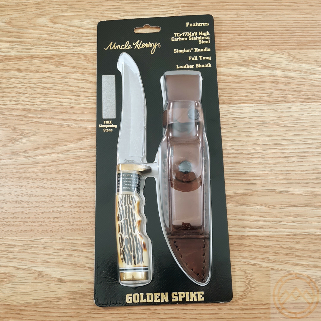 Schrade Uncle Henry Golden Spike Fixed Knife 5" Stainless Blade Staglon Handle