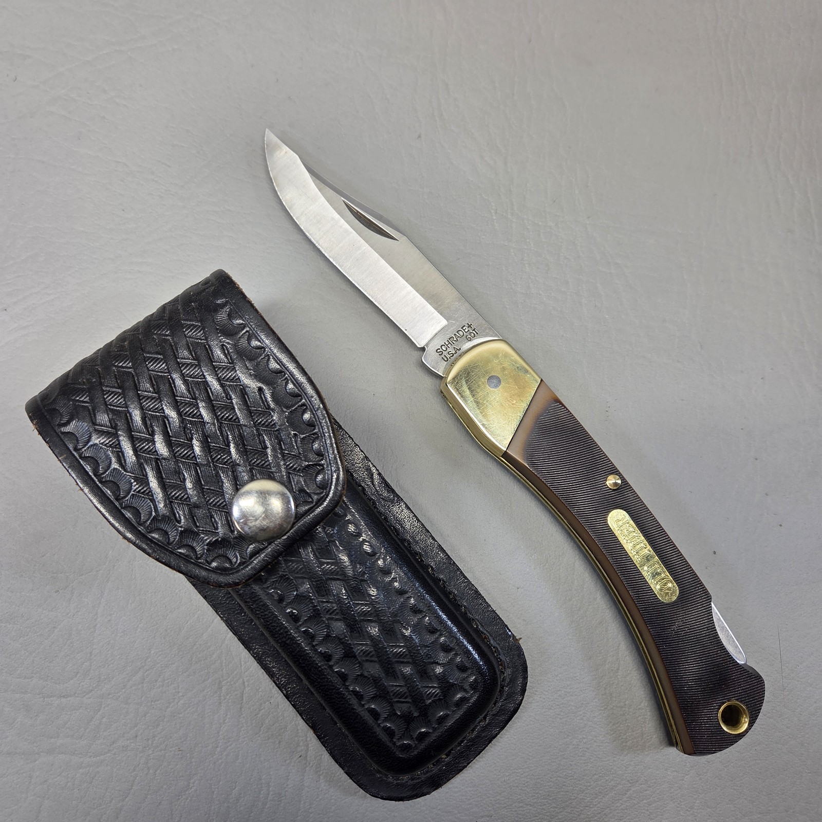 Vintage Schrade USA Old Timer 6OT Golden Bear Lock Back Pocket Knife w/Sheath