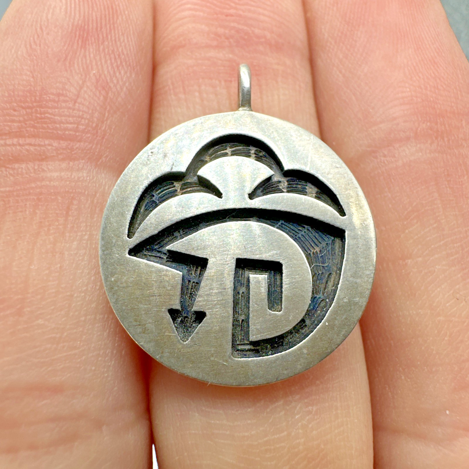 Vtg Alde Qumyintewa Hopi Sterling Silver Overlay Pendant 1" Rain Lightning Wind Vtg Alde Qumyintewa Hopi Sterling Silver Overlay Pendant 1" Rain Lightning Wind
