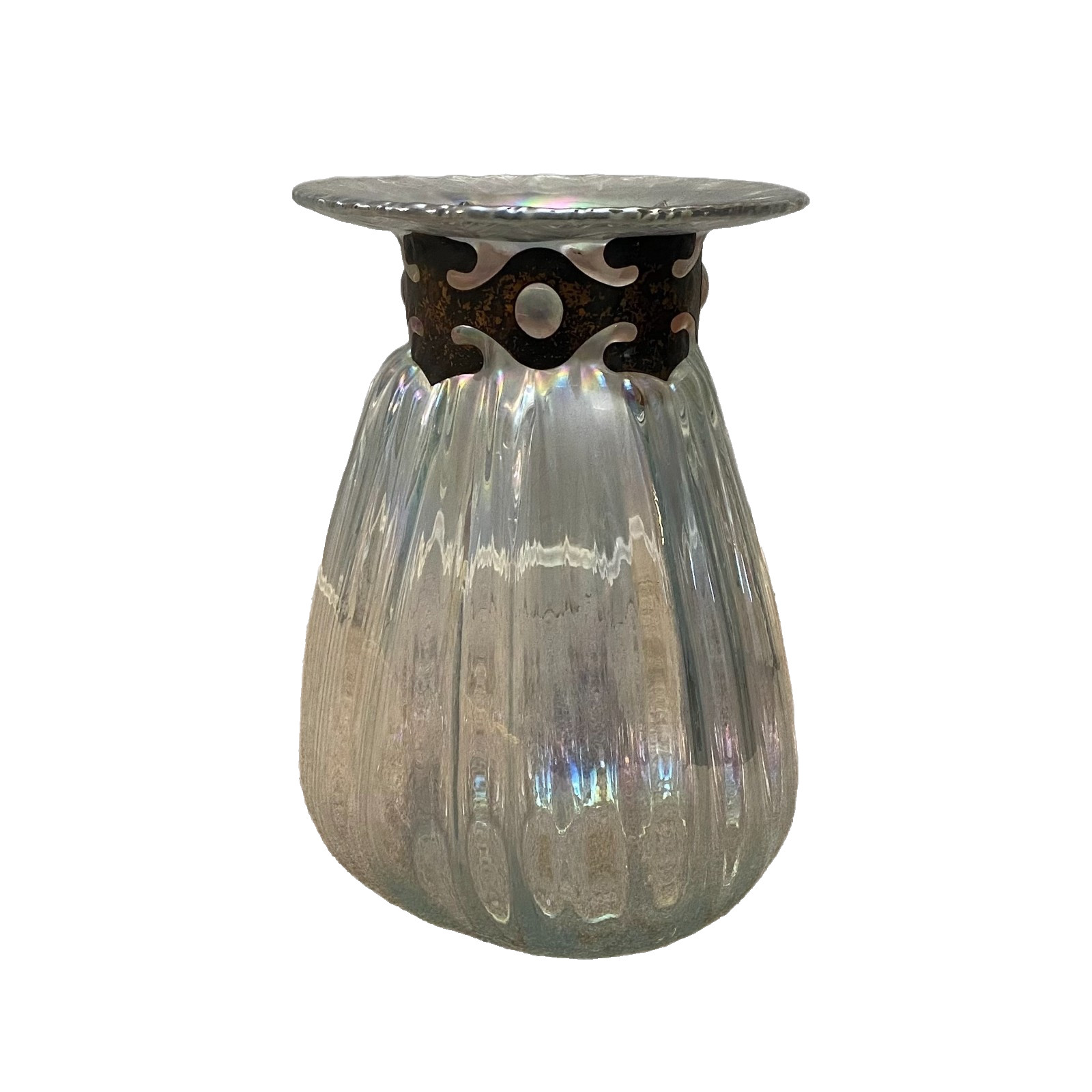 Vintage Silvestri Large Iridescent Mouth Blown Glass Vase Metal Accent Collar Vintage Silvestri Large Iridescent Mouth Blown Glass Vase Metal Accent Collar