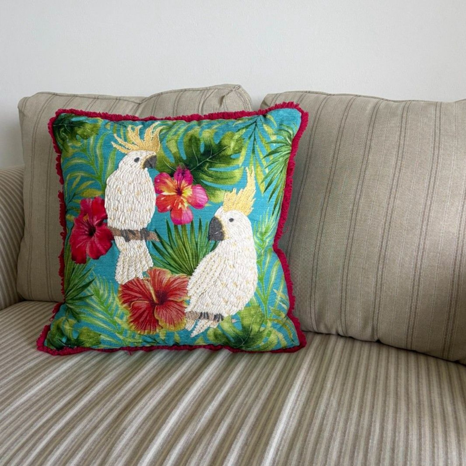 Embroidered 2 Cockatoos, Palm leaves, Flowers Tasseled Decorative Pillow 18 X 18 Embroidered 2 Cockatoos, Palm leaves, Flowers Tasseled Decorative Pillow 18 X 18