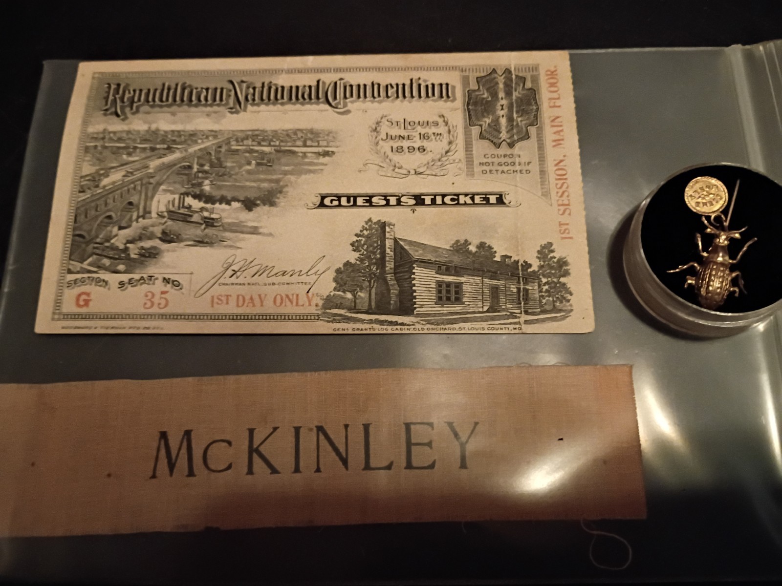 William McKinley Ribbon, Gold Bug Pin & 1896 Republican Convention Ticket William McKinley Ribbon, Gold Bug Pin & 1896 Republican Convention Ticket
