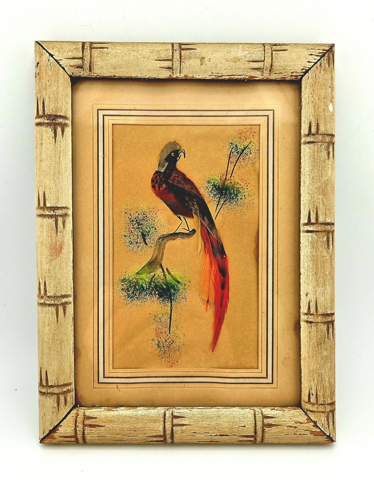 Vintage Mexican Feather Art Bird Painting Framed Faux Bamboo Wood Mid Century Vintage Mexican Feather Art Bird Painting Framed Faux Bamboo Wood Mid Century