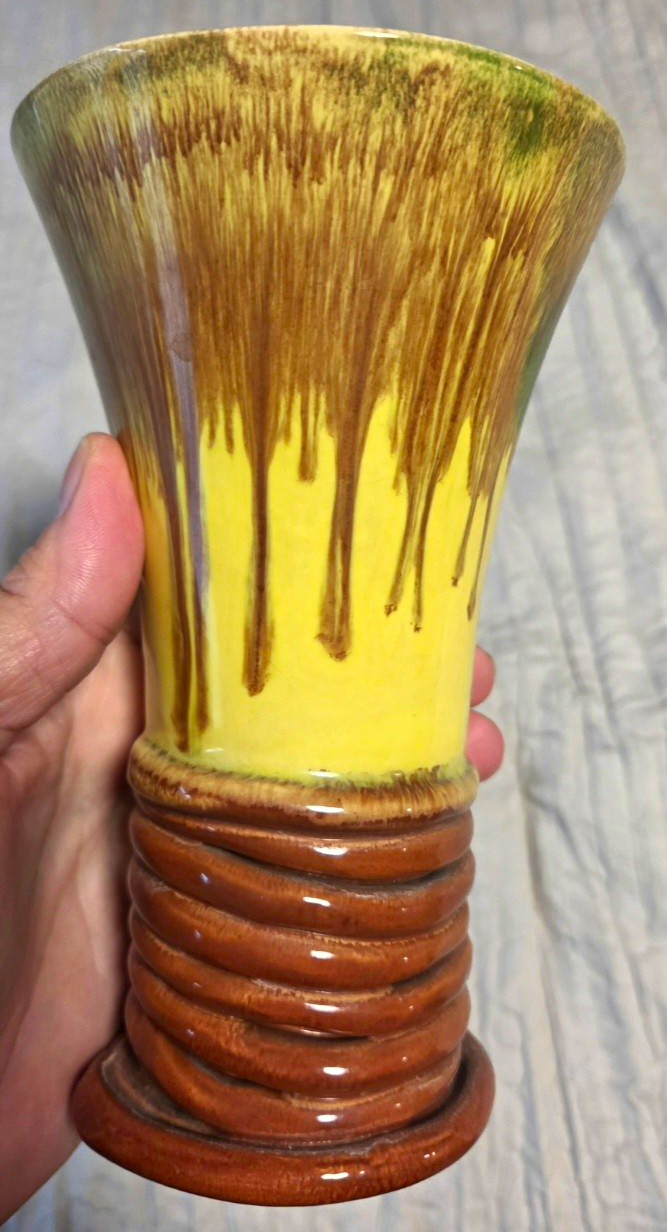 VINTAGE MCM: Yellow & Brown Drip Glaze Ceramic Vase, Flared Top, Ribbed Base VINTAGE MCM: Yellow & Brown Drip Glaze Ceramic Vase, Flared Top, Ribbed Base