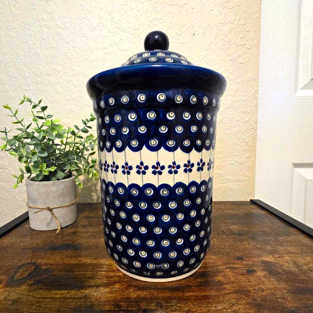 Zakłady Boleslawiec Polish Pottery Polka Dot Handmade Blue/White Lidded Canister