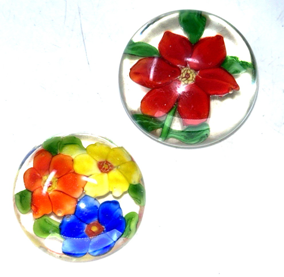 Vintage Pair Of 2 Small Sweet Flower Hand Made Glass Paperweights 3" & 2"