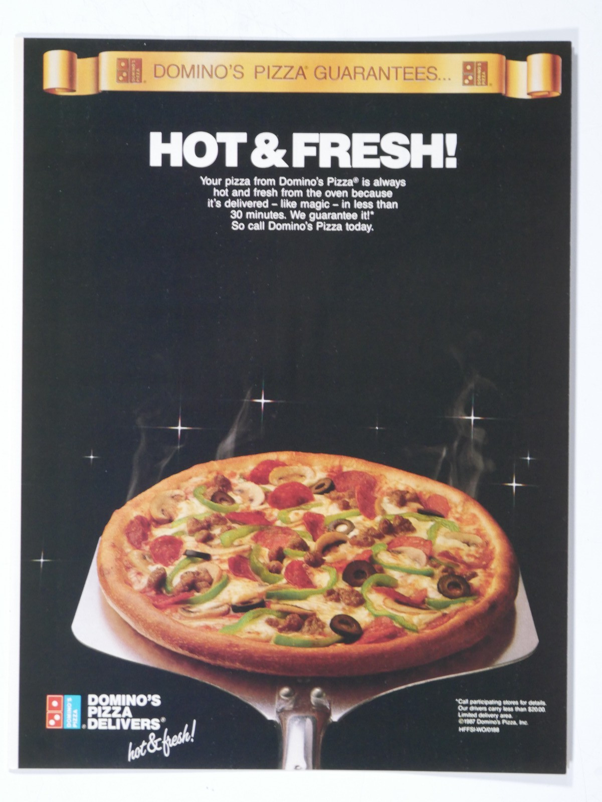 1987 Domino's Pizza Hot & Fresh Less Than 30 Minutes Vintage Original Print Ad 1987 Domino's Pizza Hot & Fresh Less Than 30 Minutes Vintage Original Print Ad