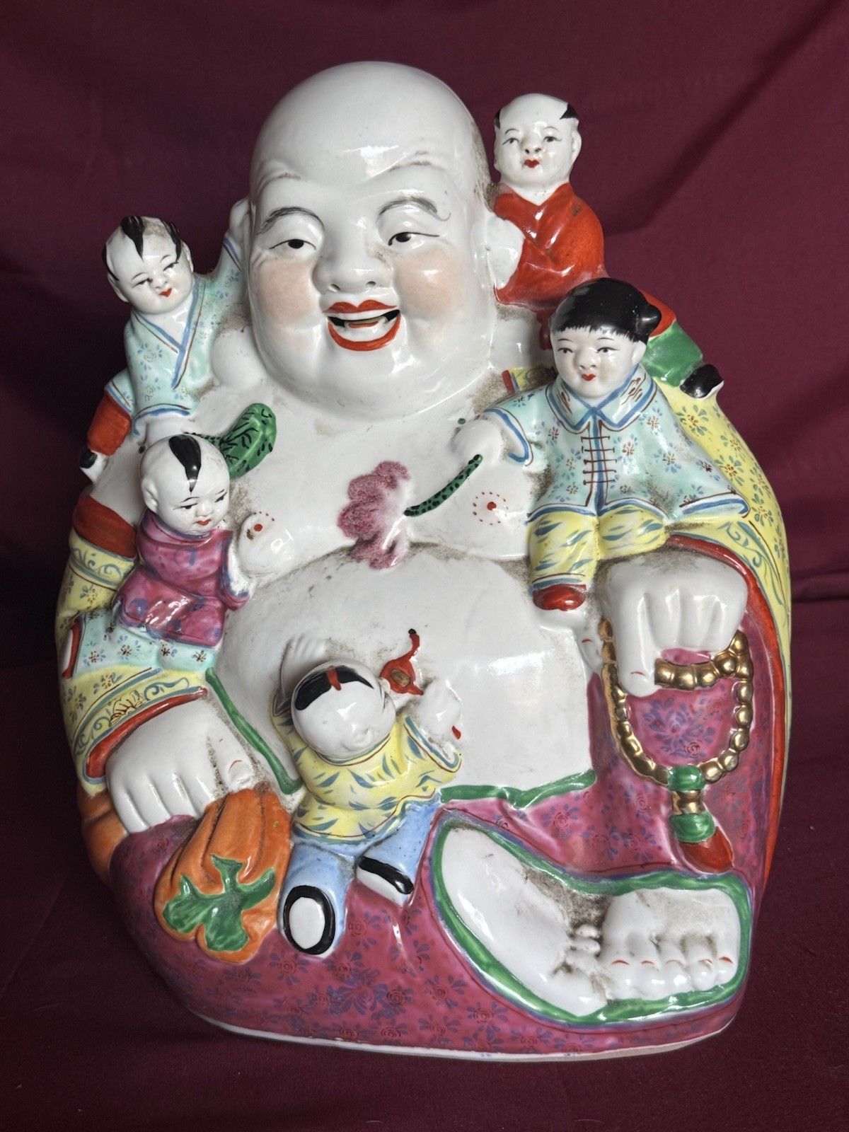 Vintage Chinese Smiling Fertility Buddha w/ 5 Children Porcelain Statue 10” High Vintage Chinese Smiling Fertility Buddha w/ 5 Children Porcelain Statue 10” High