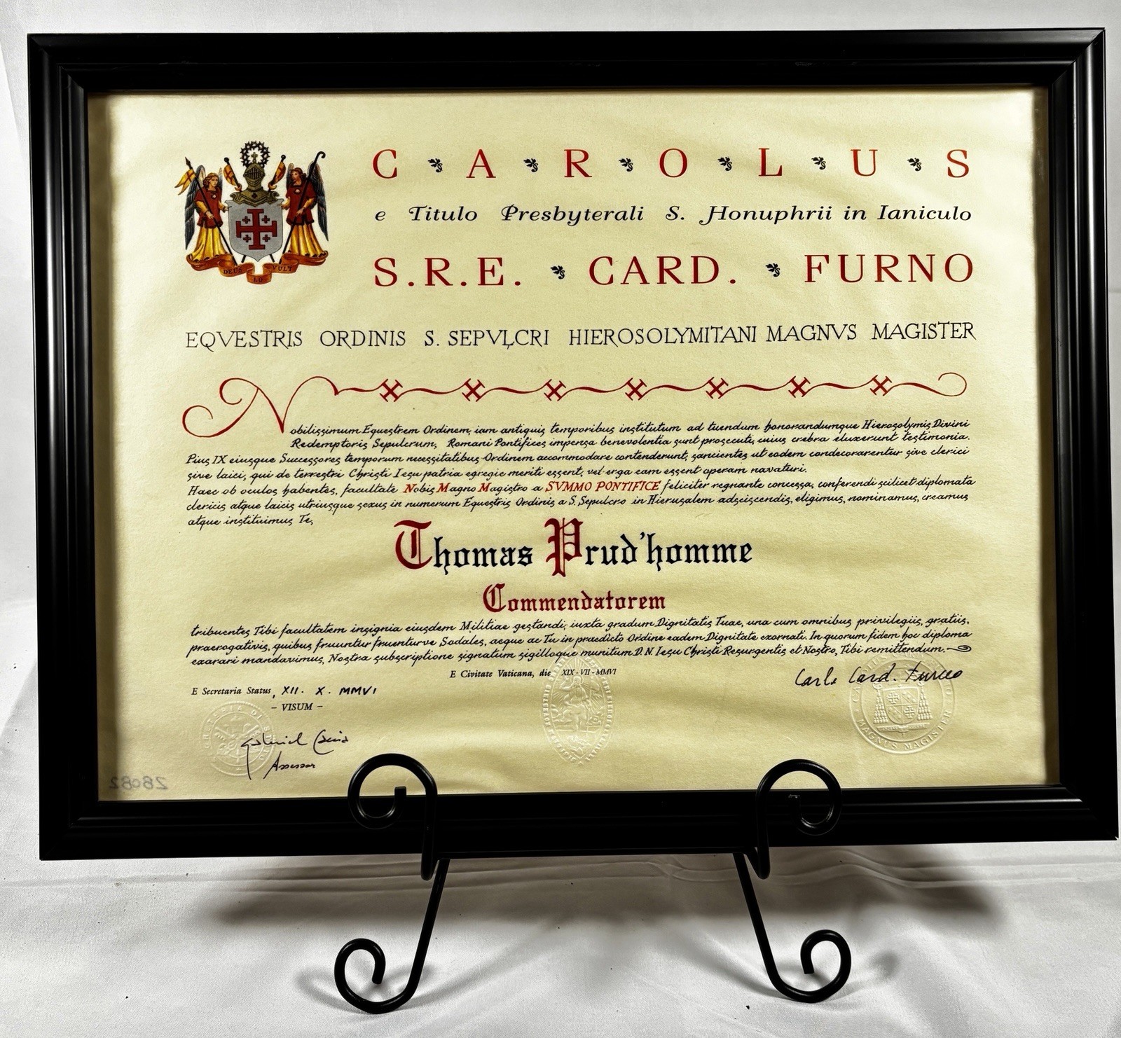 Framed Authentic Vatican Papal Diploma - Commander (signed By Cardinal Furno)