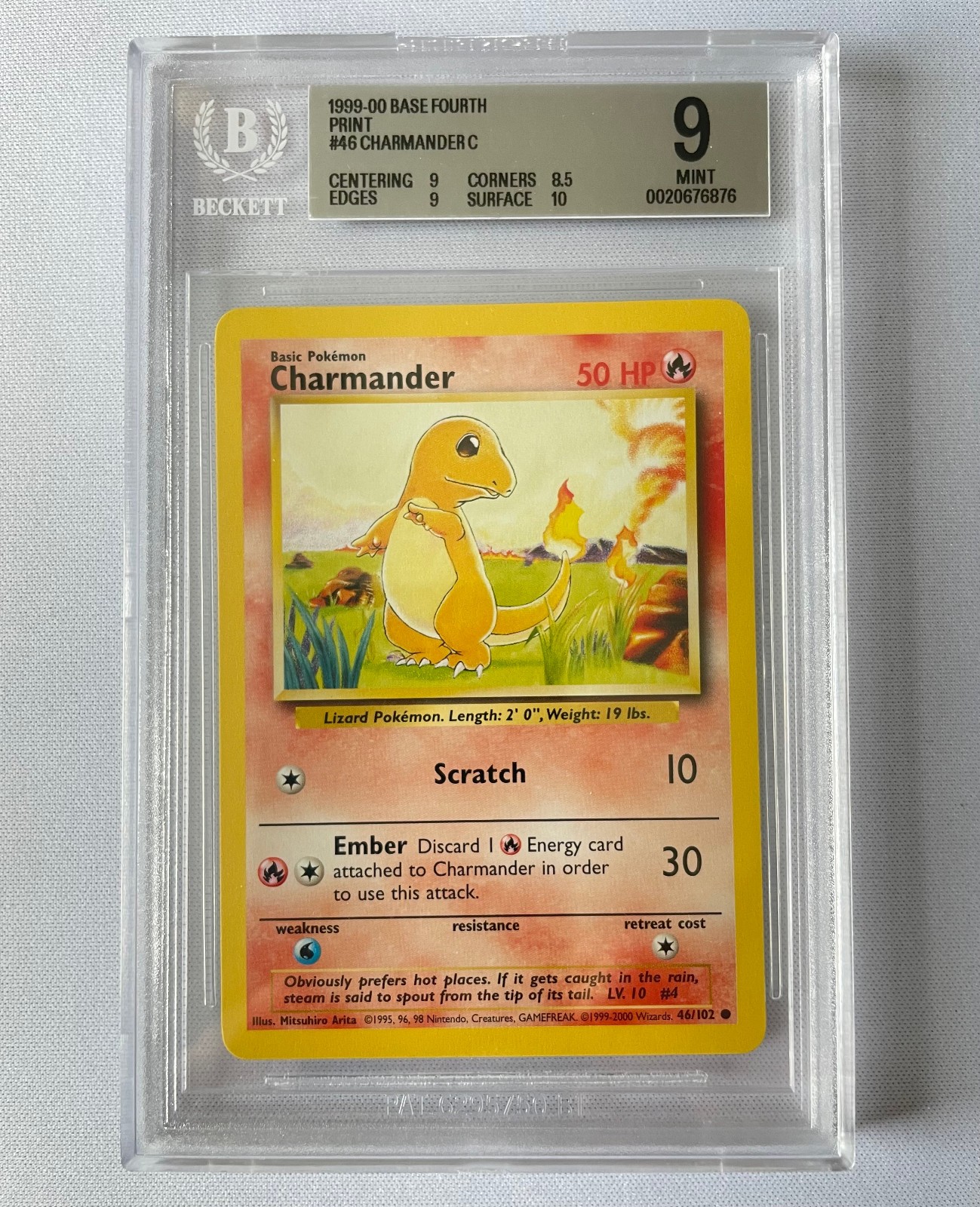 1999-2000 Pokemon Charmander 46/102 - Base Set 4th Print - Beckett BGS 9 MINT