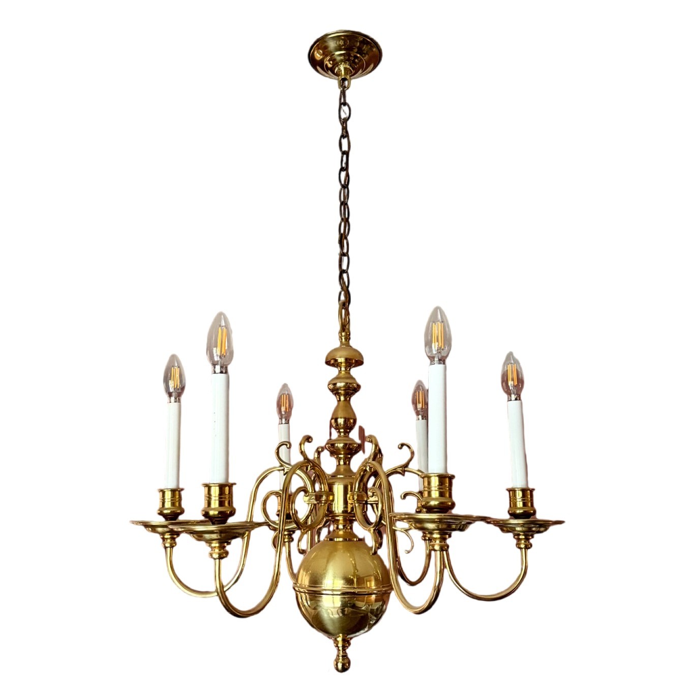 Vintage 6-Arm Dutch Queen Anne Style Brass Chandelier - 23"x26"