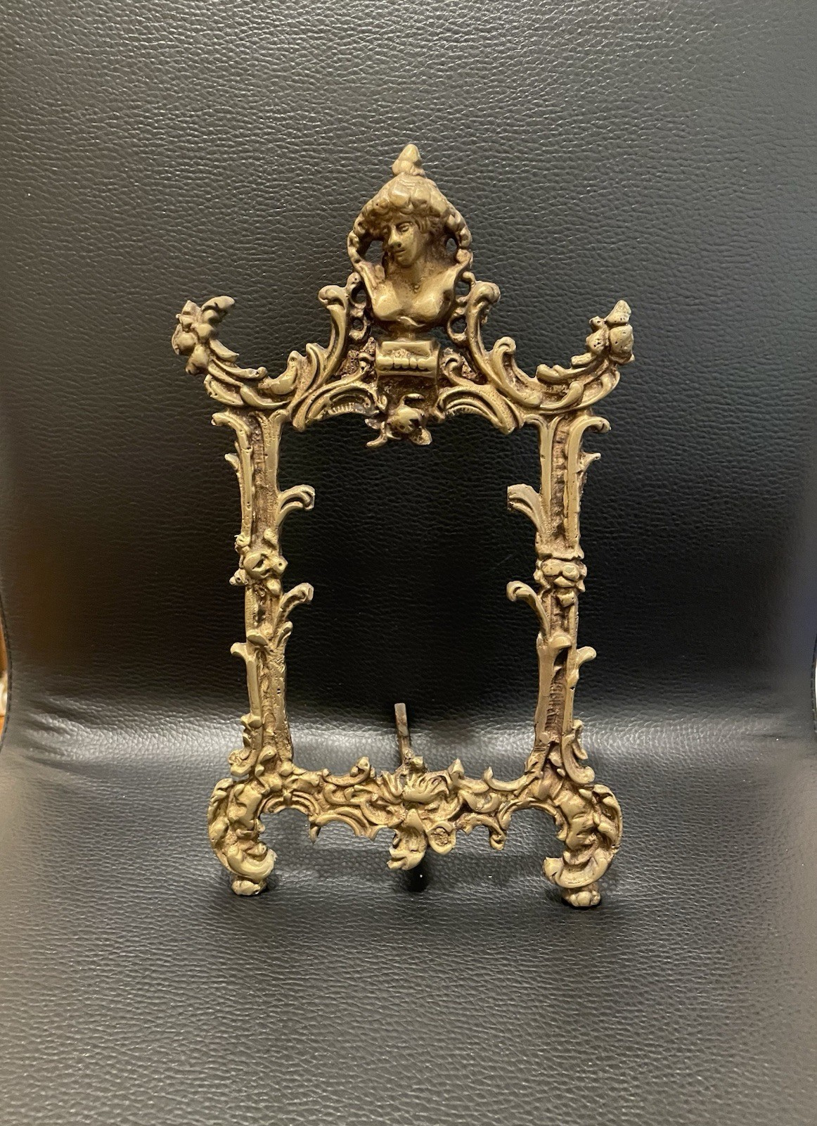 Antique Rococo Style Metal Easel Picture Frame Woman’s Bust Ornate Leaf Motif Antique Rococo Style Metal Easel Picture Frame Woman’s Bust Ornate Leaf Motif