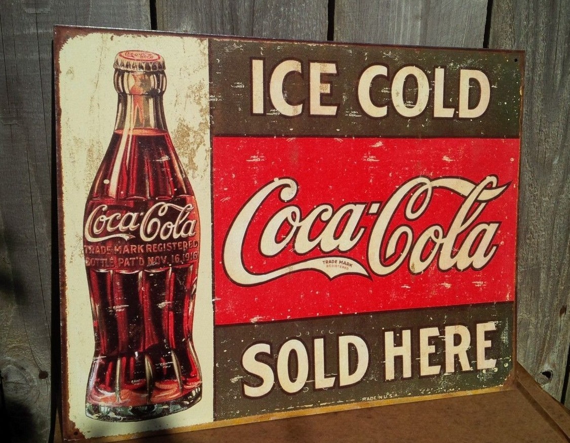 Vintage Coca Cola Sign Tin Metal Soda Pop Bottle Advertising Ice Cold Sold Here Vintage Coca Cola Sign Tin Metal Soda Pop Bottle Advertising Ice Cold Sold Here