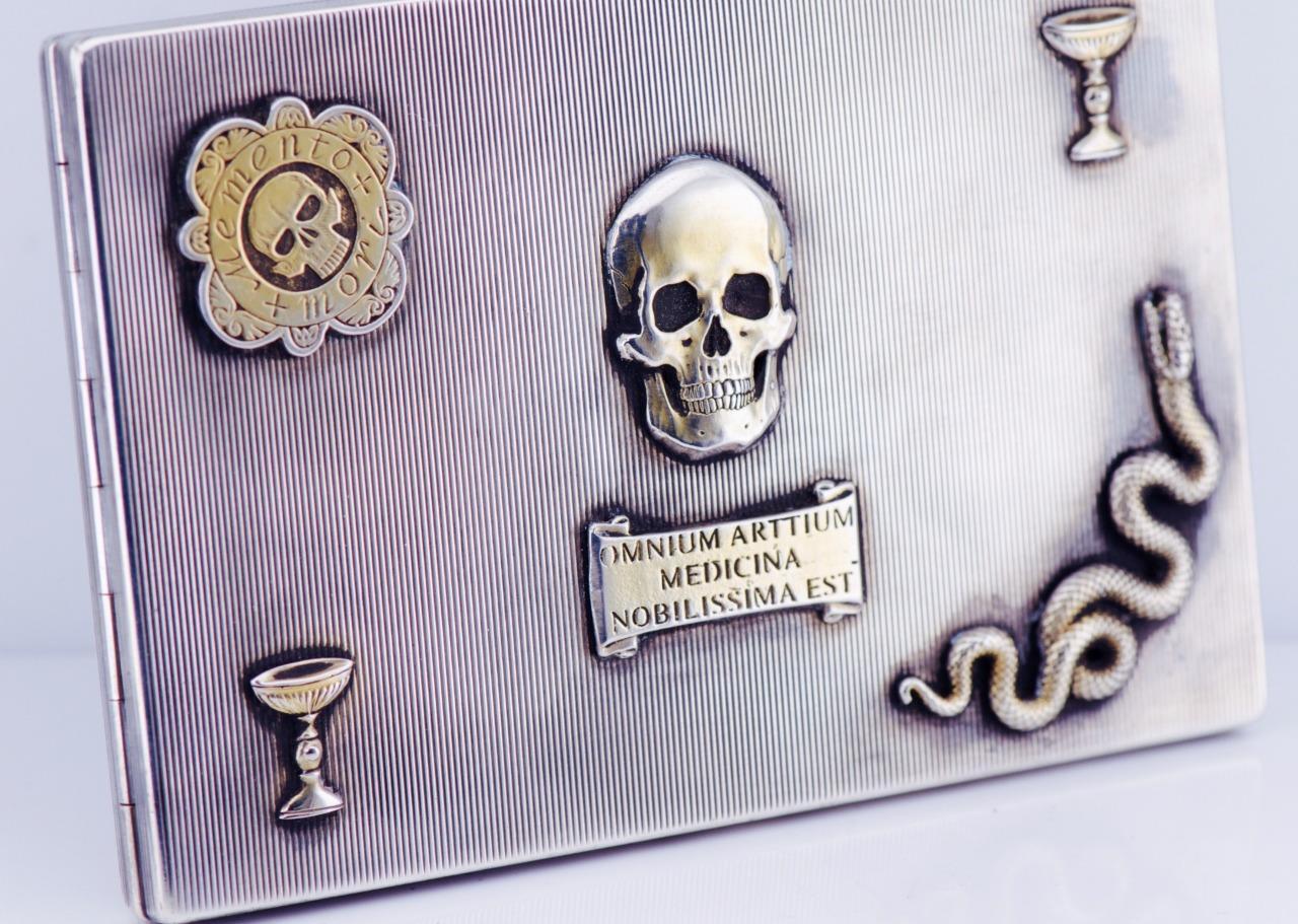 Antique Silver Cigarette Case Memento Mori Skull Doctors c1900 256g by R.Hertz
