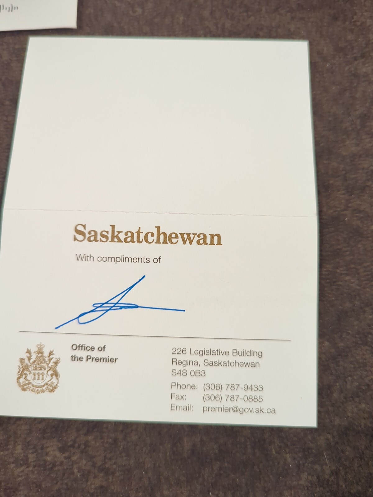 Premier Scott Moe, Government Of Saskatchewan Autographed card Premier Scott Moe, Government Of Saskatchewan Autographed card