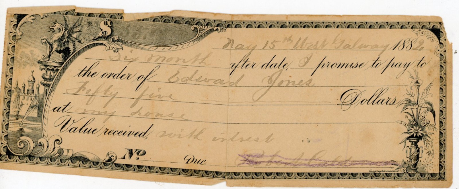 1882 Antique Promissory Note West Galway NY $55 Edward Jones Handwritten Signed 1882 Antique Promissory Note West Galway NY $55 Edward Jones Handwritten Signed