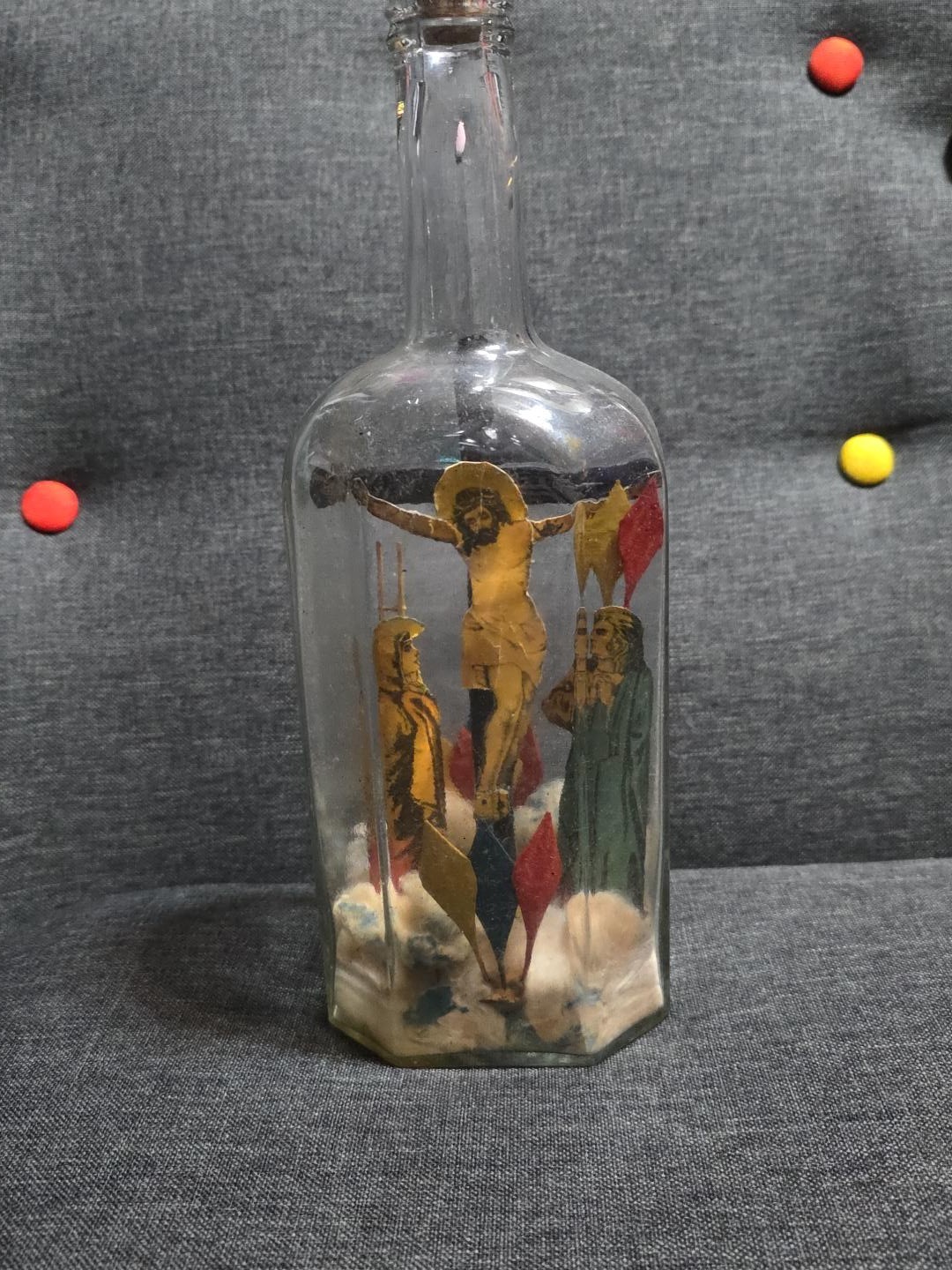 Vintage Greek Orthodox Crucifixion Folk Art Shrine in Glass Bottle Jesus 11" Vintage Greek Orthodox Crucifixion Folk Art Shrine in Glass Bottle Jesus 11"