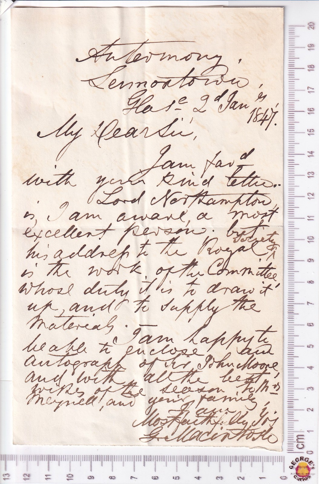 1847 Charles Macintosh Jr 1p ALS Antermony Lennoxtown Sir John Moore Autograph 1847 Charles Macintosh Jr 1p ALS Antermony Lennoxtown Sir John Moore Autograph