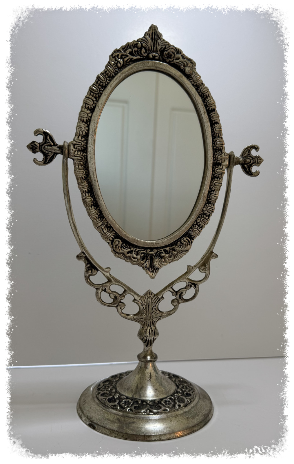 Vintage Ornate Silver Tone Oval Vanity Mirror Tabletop Swivel 13" Vintage Ornate Silver Tone Oval Vanity Mirror Tabletop Swivel 13"