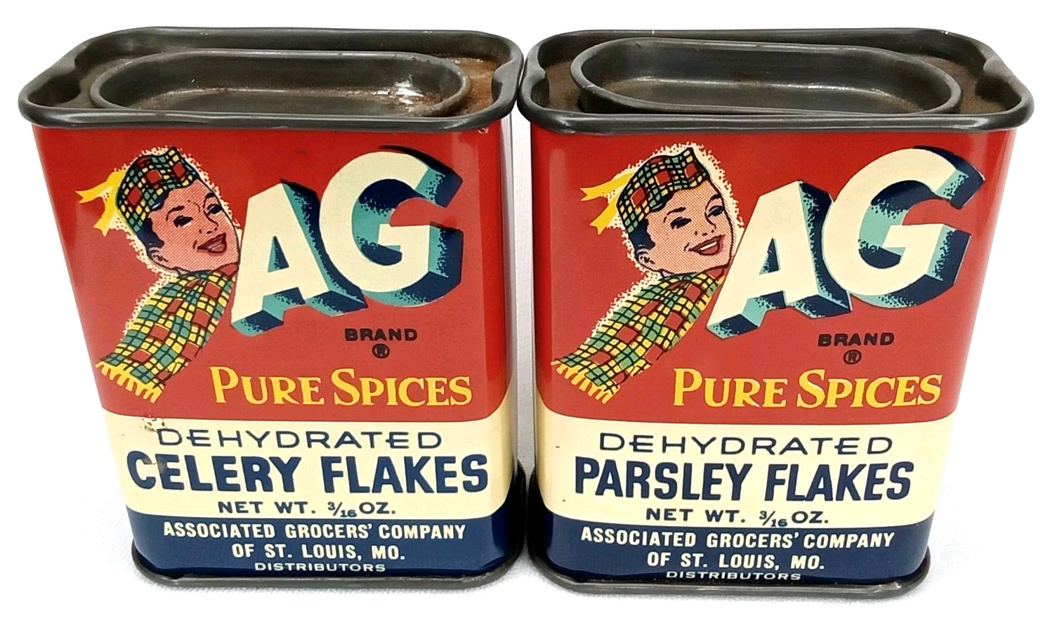 AG Celery & Parsley Flakes Advertising Spice Tin Set Of 2 Vintage 1950s AG Celery & Parsley Flakes Advertising Spice Tin Set Of 2 Vintage 1950s