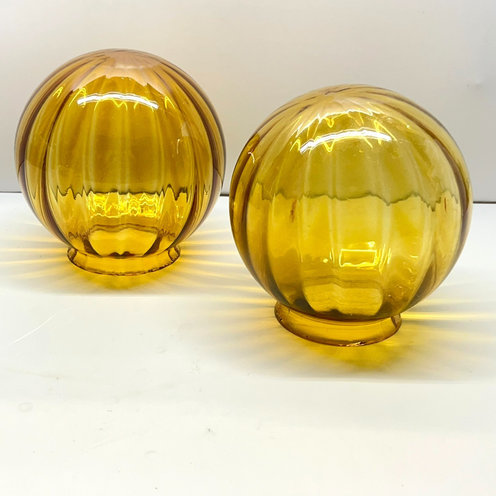 2 x VTG Ribbed Honey Amber Glass 5.5" Globe Light Fixture Lamp Shades 2" Fitter